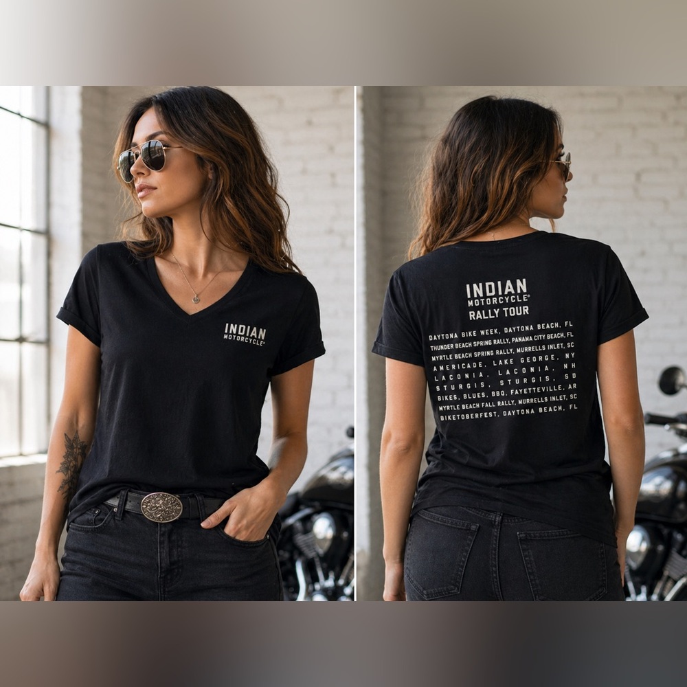Indian Motorcycle Women’s V-Neck T-Shirt XL Black Rally Tour Graphic